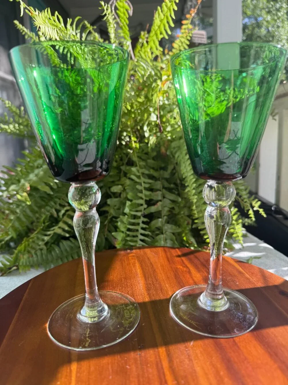 Set of 2 Vintage Emerald Green Wine Glasses, Clear Baluster Stem, Mid Century